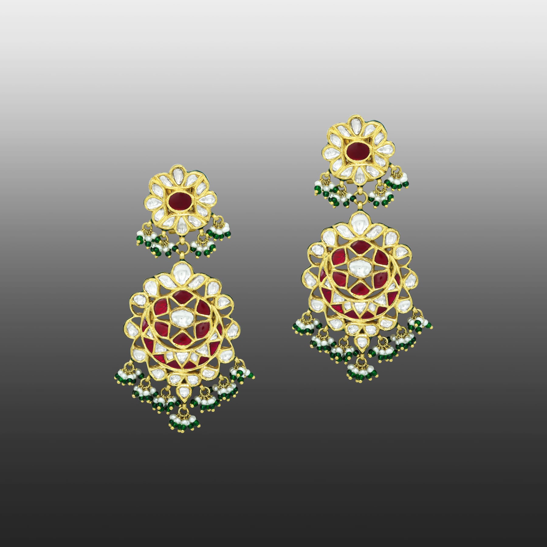 Crescent Polki Necklace Set with Red Talaf, Emeralds, and Pearls